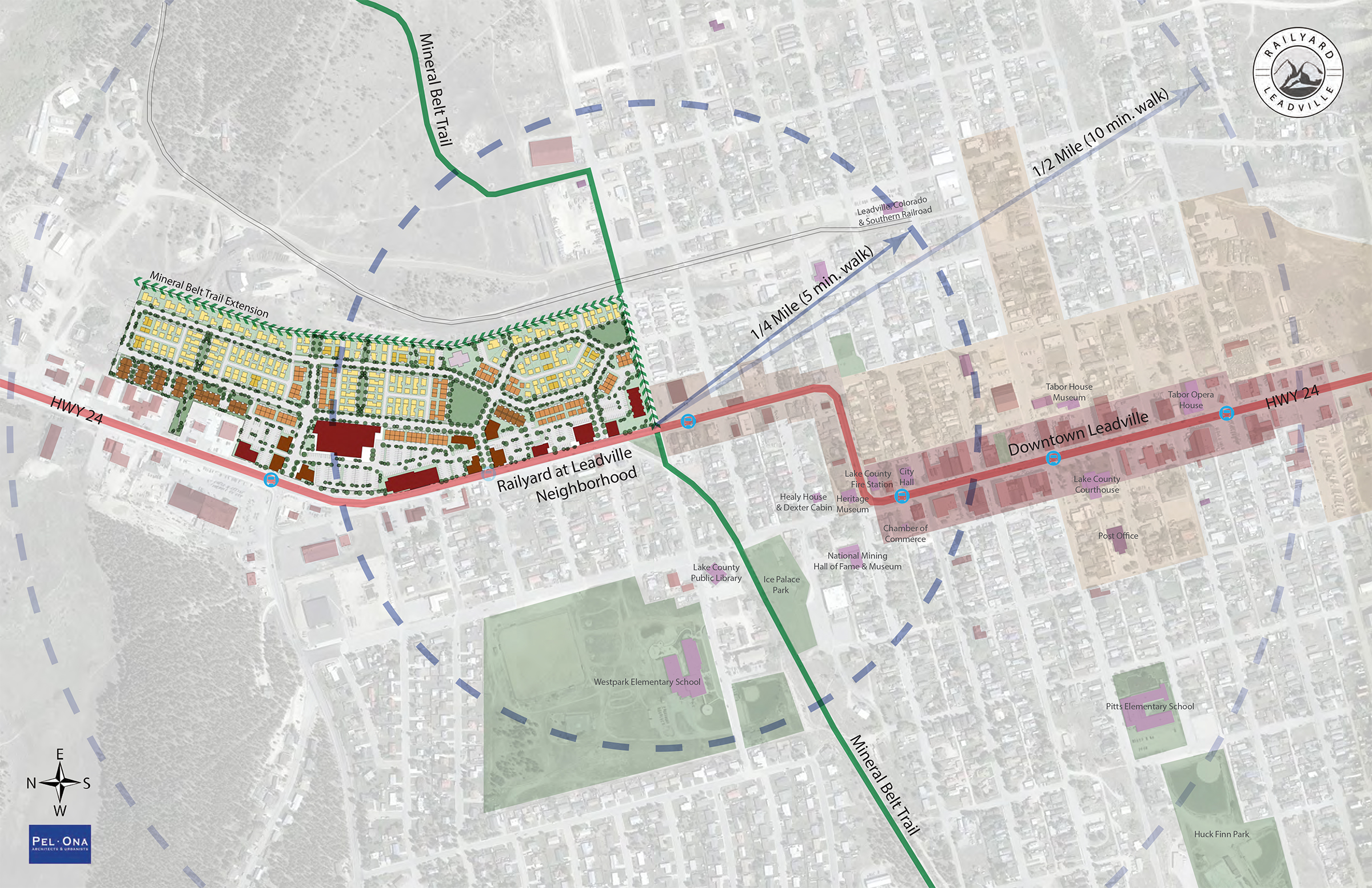 Walkability map showing Railyard's connection to downtown Leadville